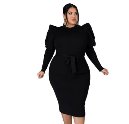 Women's Long Sleeve Belt Slim Fit Plus Size Dress