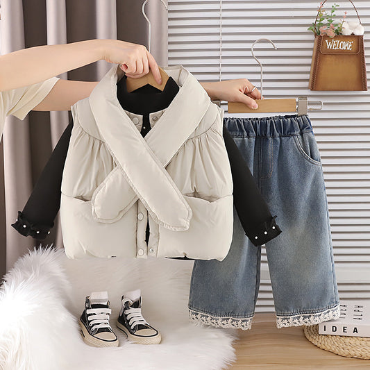 Girls Winter 3-Piece Set Thickened Fleece Hoodie Vest Scarf Stylish Warm Outfit