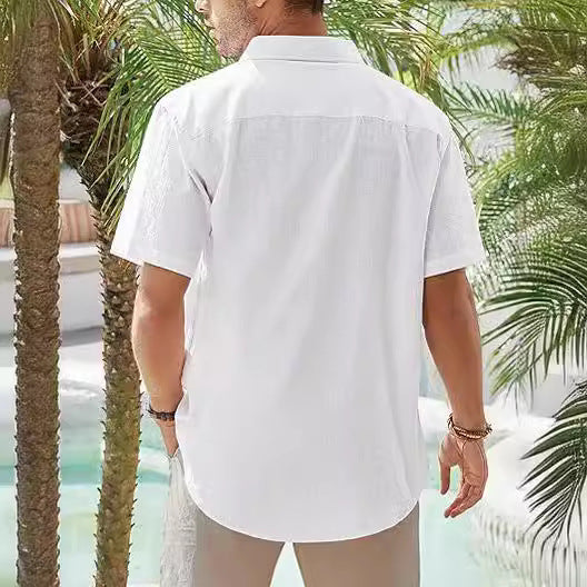Men's Cotton And Linen Short-sleeved Shirt Casual Button Shirt Top