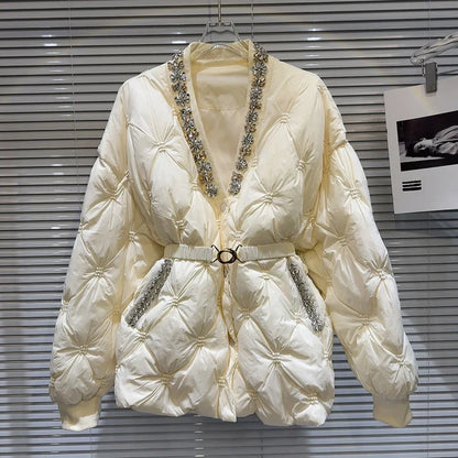 Trendy Women's Diamonds Rivet Warm Coat  Winter Fashion V-neck Belt Long Sleeves Cotton-padded Jacket Female