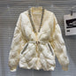 Trendy Women's Diamonds Rivet Warm Coat  Winter Fashion V-neck Belt Long Sleeves Cotton-padded Jacket Female