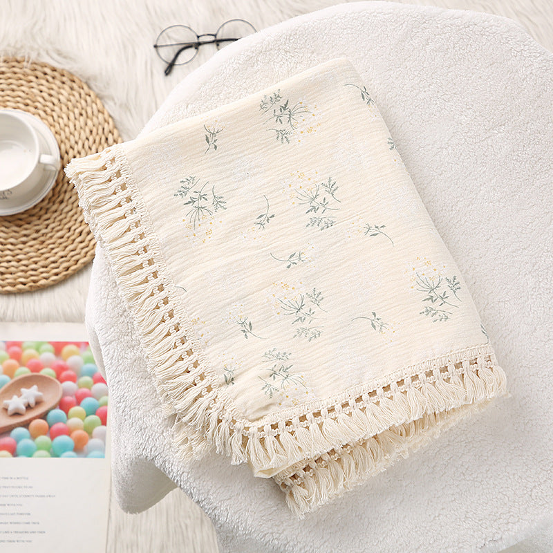 Double layer gauze blanket baby printed pure cotton crepe cloth trolley cover blanket tassel lace baby shawl blanket