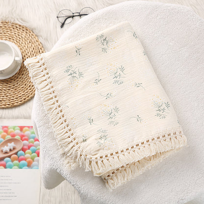Double layer gauze blanket baby printed pure cotton crepe cloth trolley cover blanket tassel lace baby shawl blanket