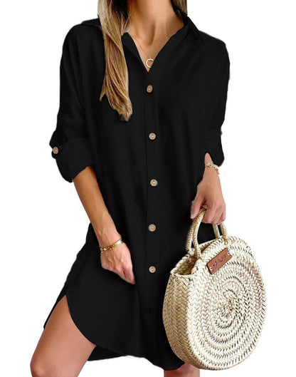 Herbst Freizeit Langarm Revers Knopf Hemdkleid