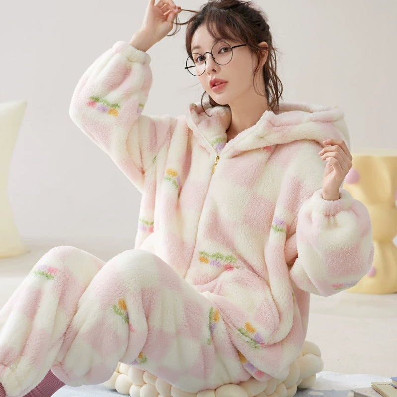 Hooded Coral Velvet Pajamas Women's Winter
