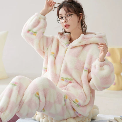 Hooded Coral Velvet Pajamas Women's Winter