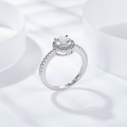Anillo de diamantes de mosanita chapado en oro de 18 quilates y plata S925 con bolsa redonda y diamantes para mujer