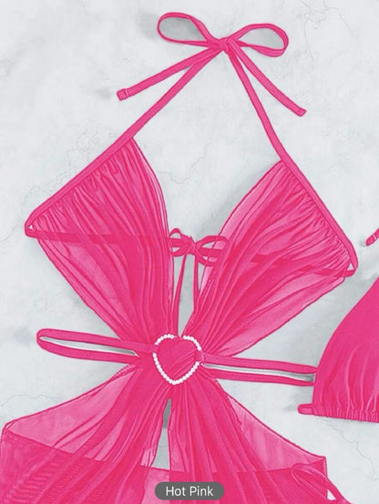 Bikini de cuello halter de 3 piezas para playa, traje de baño dividido de color sólido para verano, ropa de mujer