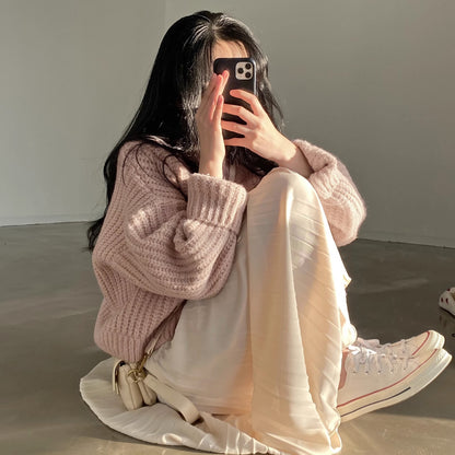 Knit Cardigan for Women Spring and Autumn Vintage Short Stature Loose Long Sleeve French Cable Knit Sweater Outerwear