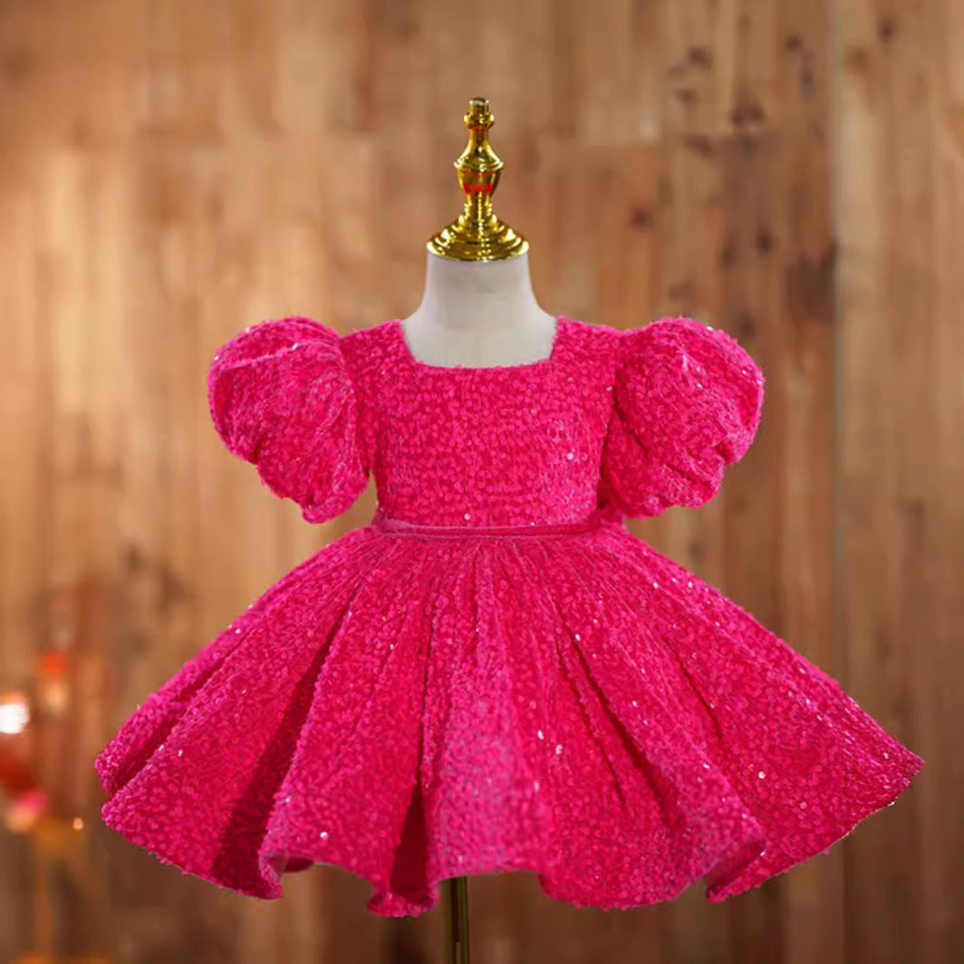 Rose red girls' dress birthday party princess runway piano performance costume flower girl short skirt