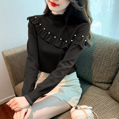Women's Ruffled Stitching Half-high Collar Long Sleeves Knitwear