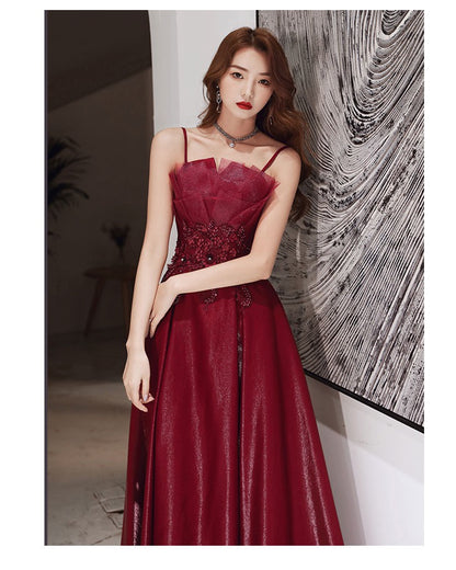 Vestido de noche con tirantes de compromiso, estilo sencillo, color rojo vino
