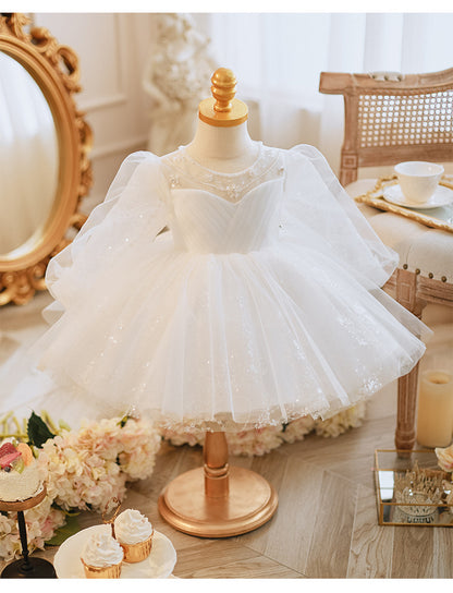 Long Sleeve Handmade Pearl Embroidery Children Princess Dress Gown