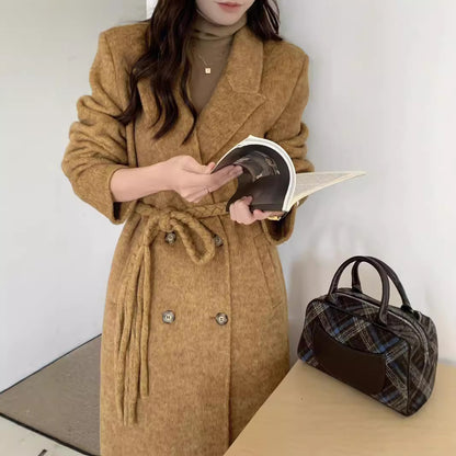 New high-end woven waistband design suit double-sided wool coat woolen coat medium long temperament women's coat
