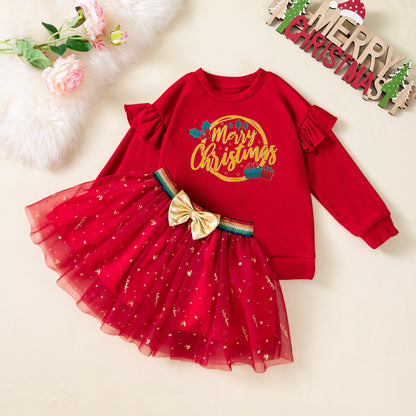 Fall and Winter New Girls' Christmas Dress Set, Double-Sided Fleece T-Shirt amp Skirt 2-Piece Set, Baby Party Outfit