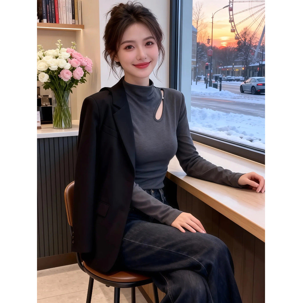 Chic High Neck Hollow Knit Fleece-Lined Warm Inner Layer Top for Women
