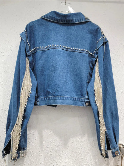 Women's Denim Coats Spliced Diamonds Tassel Metal Chains Rhinestone Long Sleeves Jacket  Autumn New Fashion