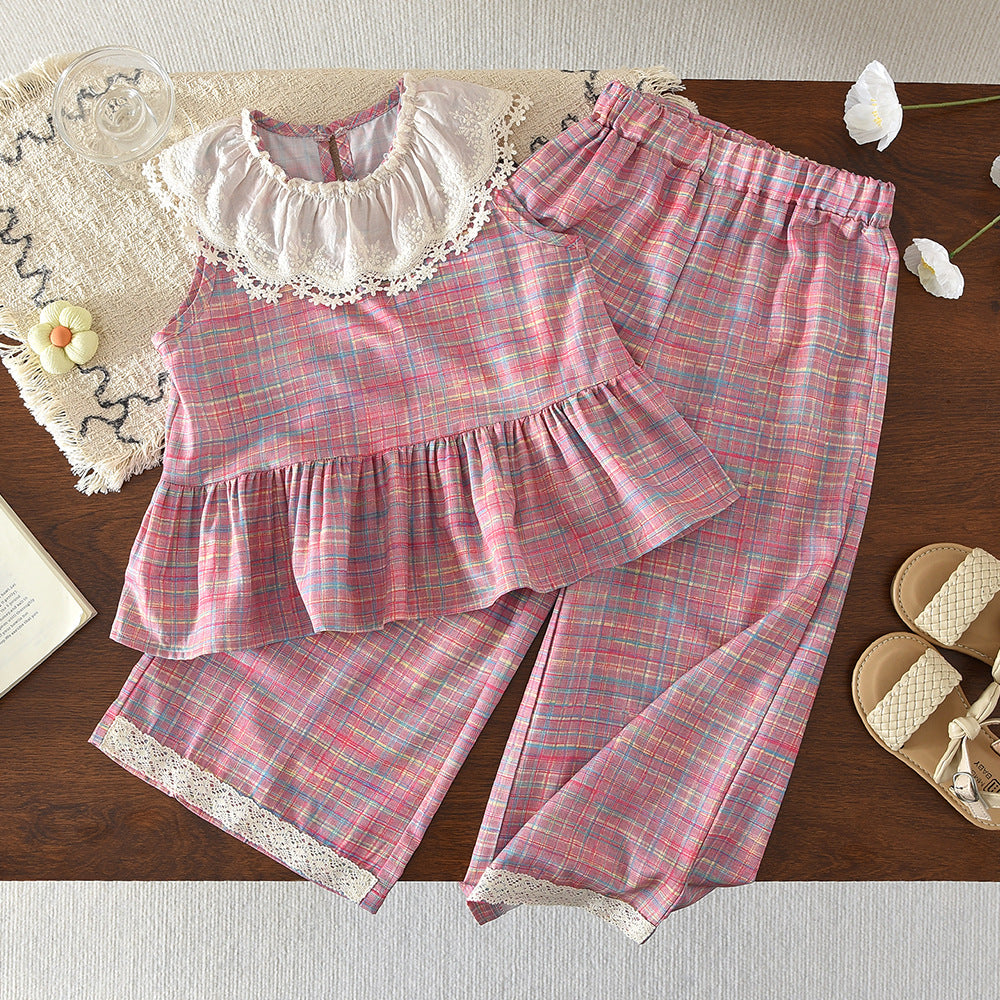 Cute Flower Trim Sleeveless Baby Shirt and Long Pants Two-Piece Set for Girls Summer Outfit