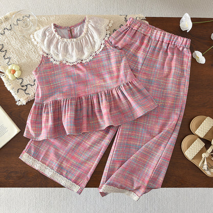 Cute Flower Trim Sleeveless Baby Shirt and Long Pants Two-Piece Set for Girls Summer Outfit