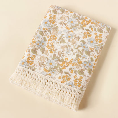 Double layer gauze blanket baby printed pure cotton crepe cloth trolley cover blanket tassel lace baby shawl blanket