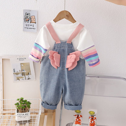 Girls' Cute Denim Suspender Trousers Cartoon Jumpsuit Two-piece Set
