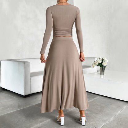 Women's Slim Fit Midriff-baring Long Sleeve Skirt Suit