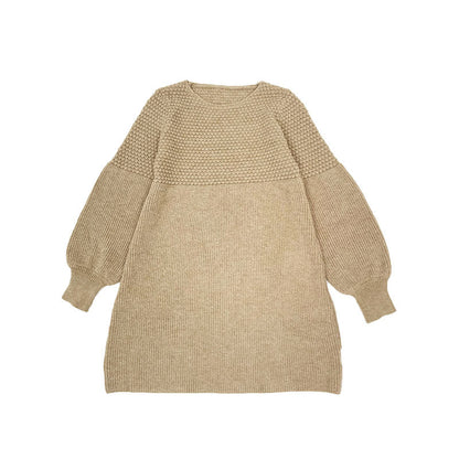 Lässiger, lockerer Strickpullover mit Laternenärmeln, hoher Taille und A-förmigem Saum und Rundhalsausschnitt