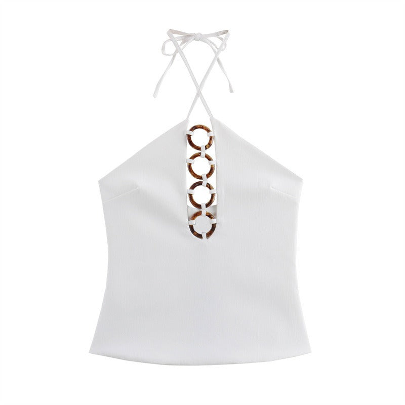 Accessories hanging neck short top, short skirt and pants set for women