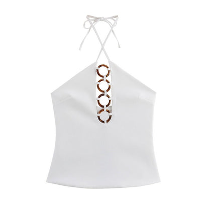 Accessories hanging neck short top, short skirt and pants set for women