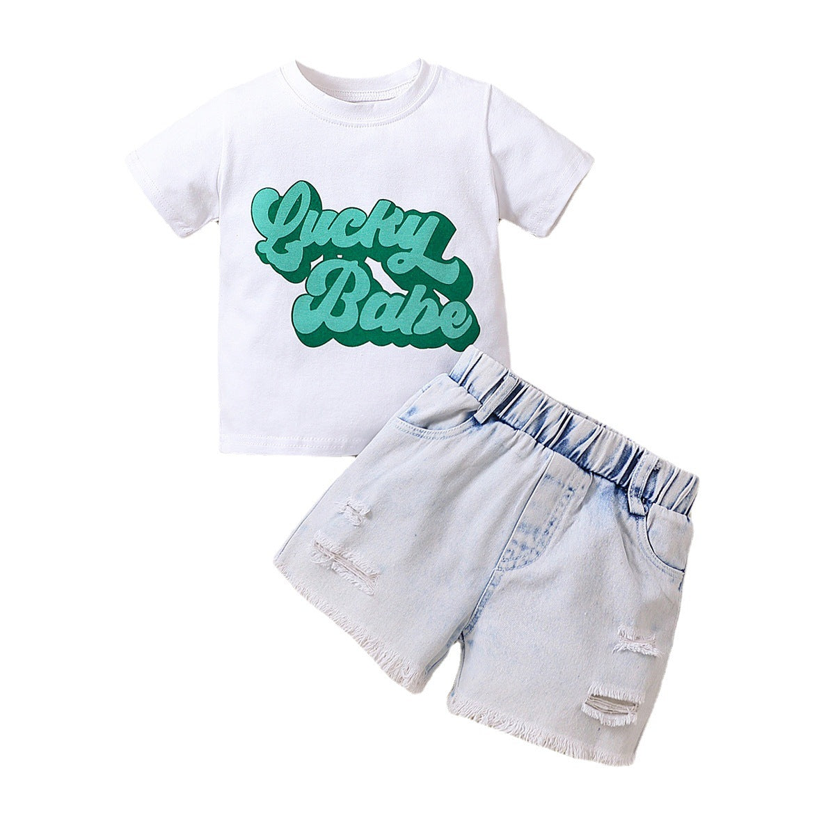 Traje de mezclilla de manga corta con letras para niños y pantalones cortos con agujeros