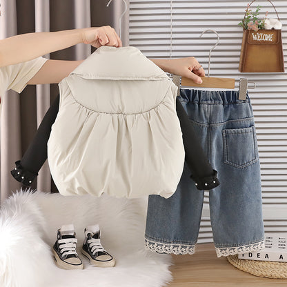 Girls Winter 3-Piece Set Thickened Fleece Hoodie Vest Scarf Stylish Warm Outfit
