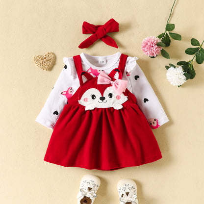 Girls' Skirt Set Love Animal Romper Embroidered Fox Suspender Skirt