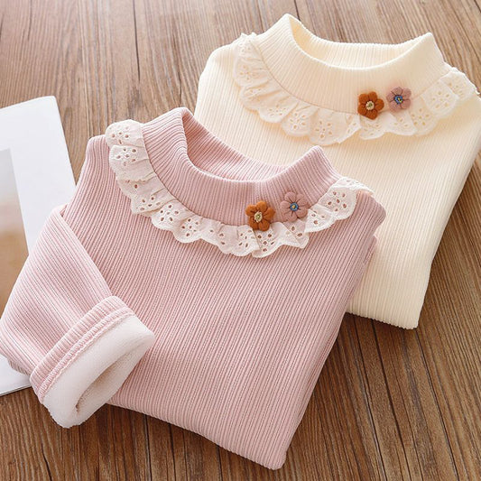Girls' Winter Thermal Base Layer, Fleece-Lined Half-High Neck Knit Top with Lace Trim, Floral Patterned Innerwear Sweater for Kids