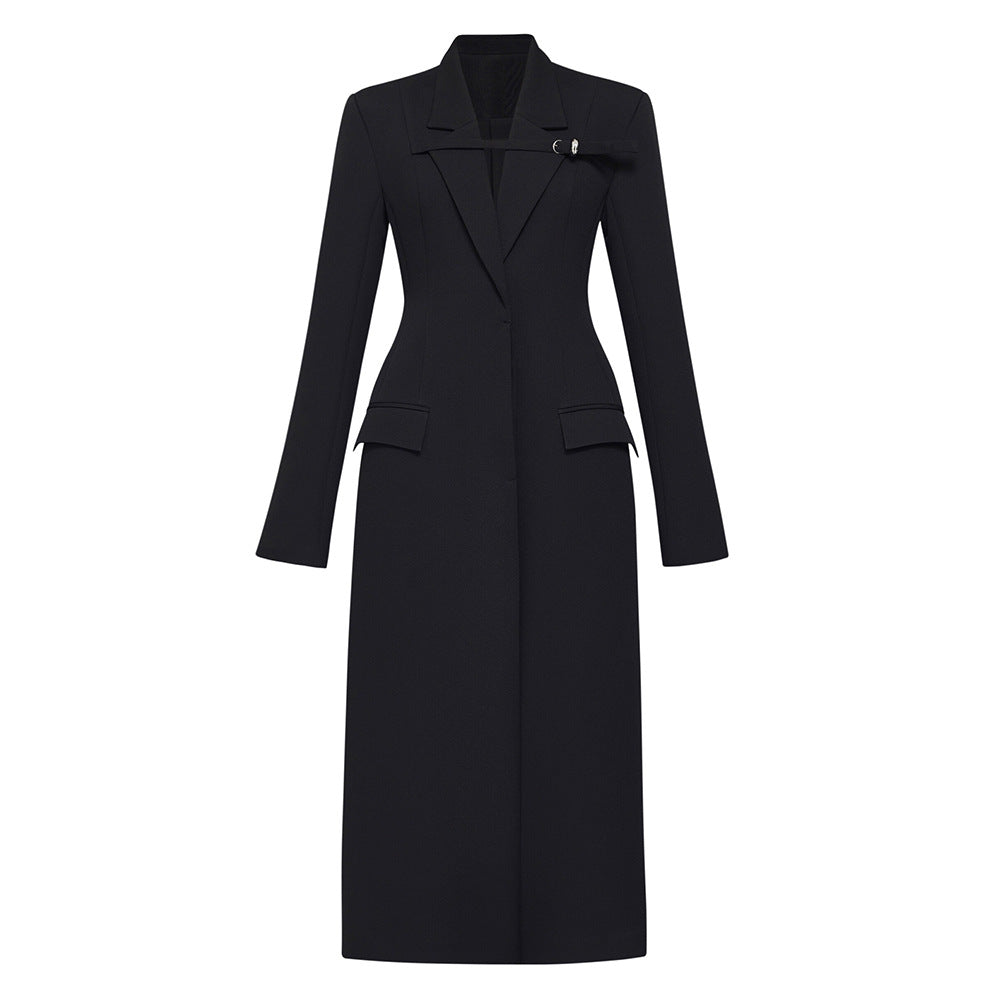 A niche design with a waist cinching and slimming windbreaker for women, featuring a minimalist and trendy style with decorative loops and a long coat