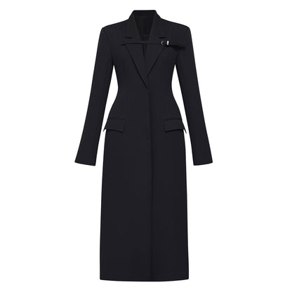 A niche design with a waist cinching and slimming windbreaker for women, featuring a minimalist and trendy style with decorative loops and a long coat
