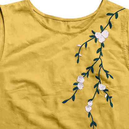 Cotton Linen Round-neck Sleeveless Embroidered Dress