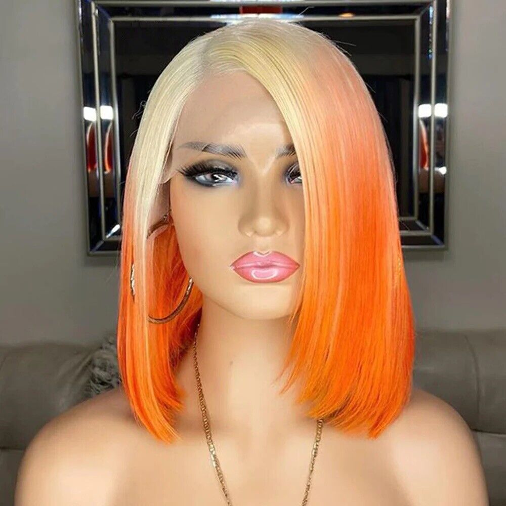 Chic Luxe Hair Bone Straight Lace Front Short Ombre 613 Orange Bob Wig | 100% Human Hair