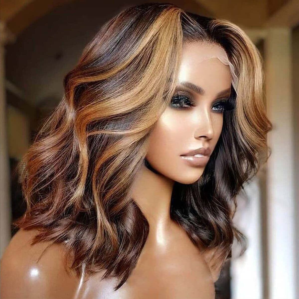 Human Hair Glueless Wavy Full Lace Front Long Highlight Wigs