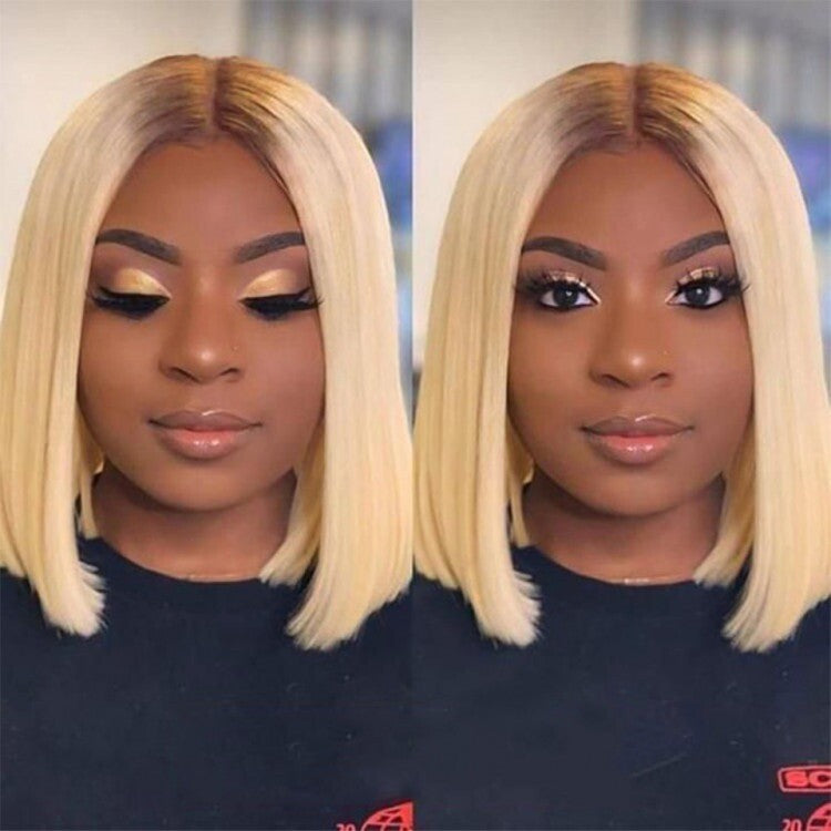 Chic Luxe Hair Blonde Bob With Dark Brown Roots Ombre Lace Closure Bob Wig | 100% Human Hair
