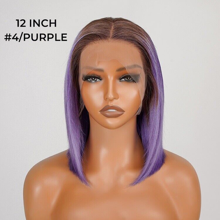 Human Hair Wigs Lace  Coloured #T4/Purple Bob Wig Glueless