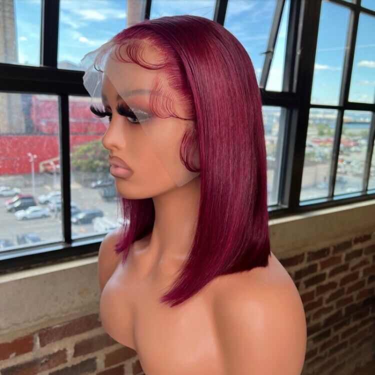 Human Hair Glueless Lace Front Straight Bob Burgundy 99j short Wig