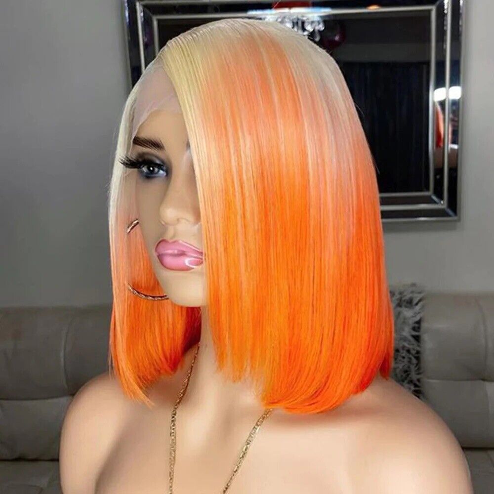 Chic Luxe Hair Bone Straight Lace Front Short Ombre 613 Orange Bob Wig | 100% Human Hair