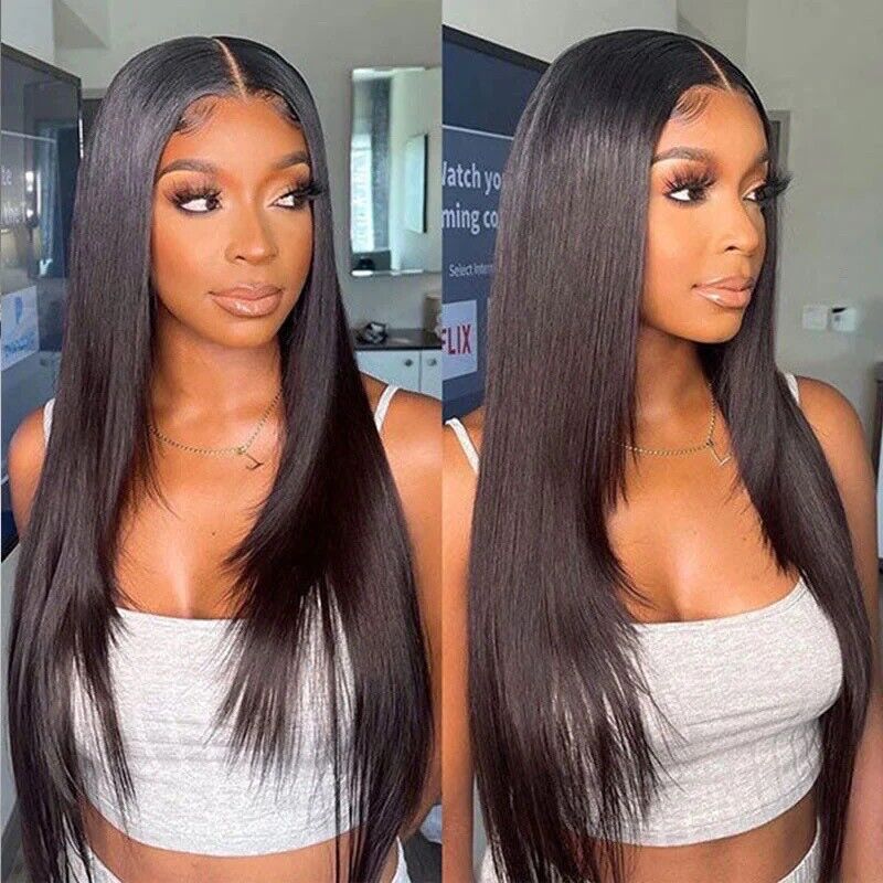 Women Human Hair Wig Straight Invisible Full Lace Front Long Wigs Natural