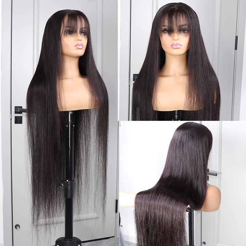 Womens Human Hair Wigs Glueless Lace Front Straight Long Wig With Bangs 210%