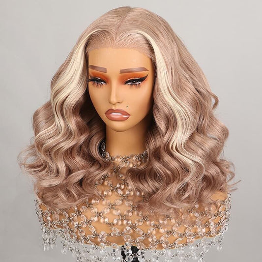 Human Hair Wig Wigs Glueless Women Wear & Go Lace Front Wavy Short Wig Blonde