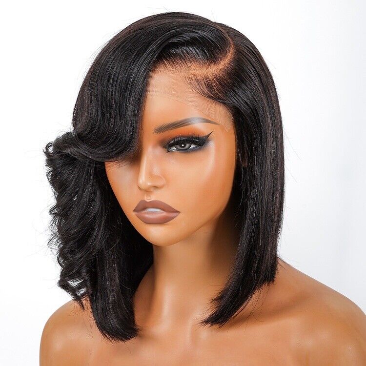 Vietnamese Human Hair Wigs Side Bang Layered Cut Wavy Bob Wig Glueless Women Wig