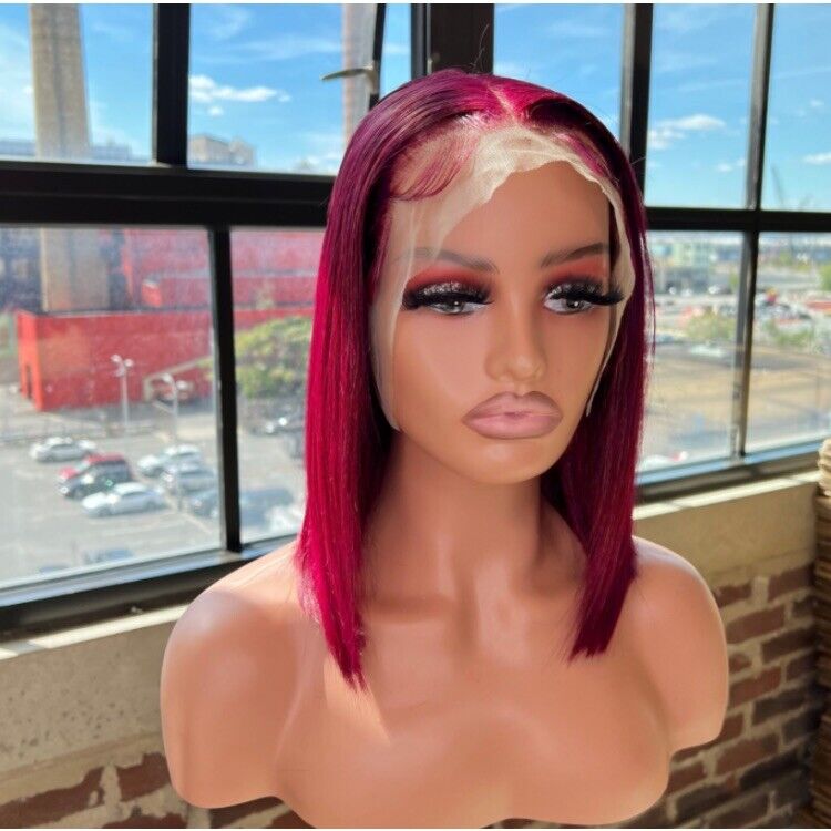 Human Hair Glueless Lace Front Straight Bob Burgundy 99j short Wig