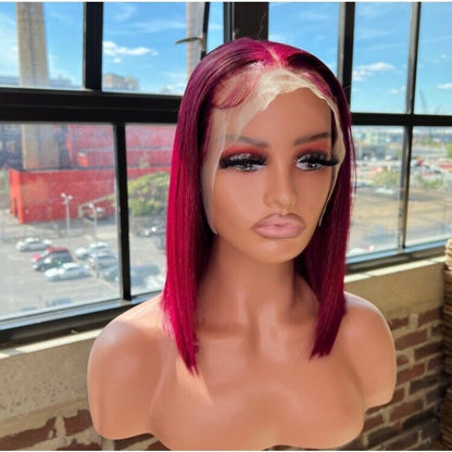 Human Hair Glueless Lace Front Straight Bob Burgundy 99j short Wig