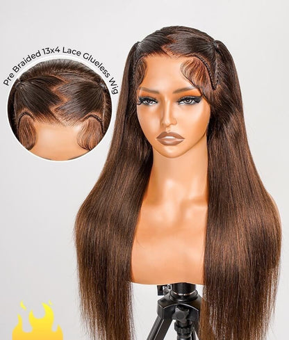 Chic Luxe Hair Glueless #4 Brown Pre-Styled Zig Zag Part Frontal Straight Lace Wig | 100% Human Hair
