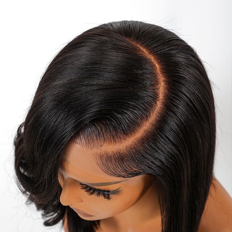 Chic Luxe Hair Layered Cut Straight Glueless Wig Bob With Side Curly Bang | 250% Density | 100% Human Hair